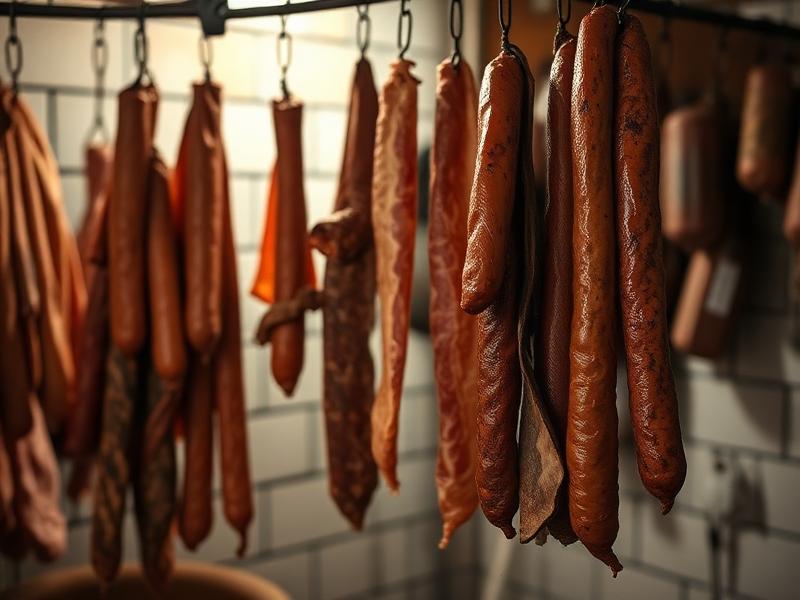 Linguiças e embutidos curados pendurados em defumador